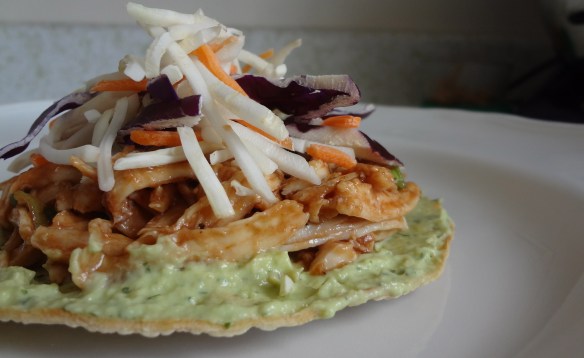 BBQ chicken tostadas with avocado cream